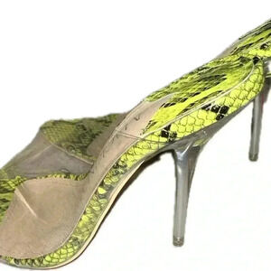 Chic Transparent High Heel Sandals with Exotic Bright Yellow Snake Print